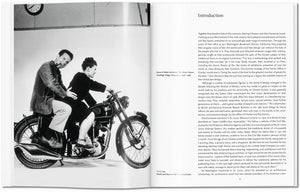 Open book showing a black and white photograph of two people on a motorcycle with text on the right.