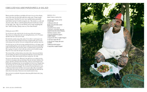 Person sitting outdoors with a salad, wearing a red cone hat, with text on the left side.
