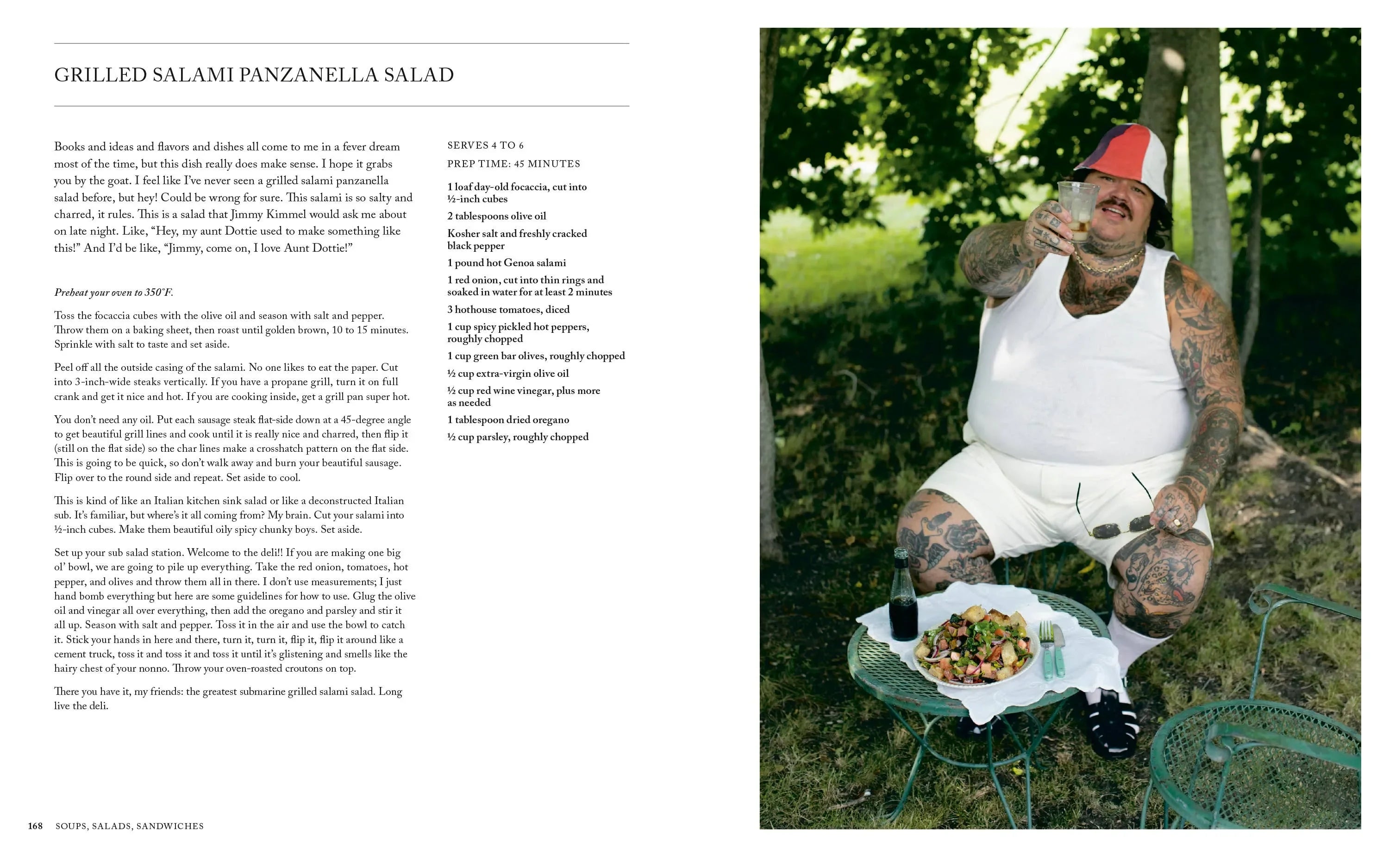 Person sitting outdoors with a salad, wearing a red cone hat, with text on the left side.