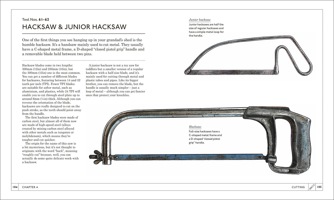 Illustration of a hacksaw and junior hacksaw with text on a white background