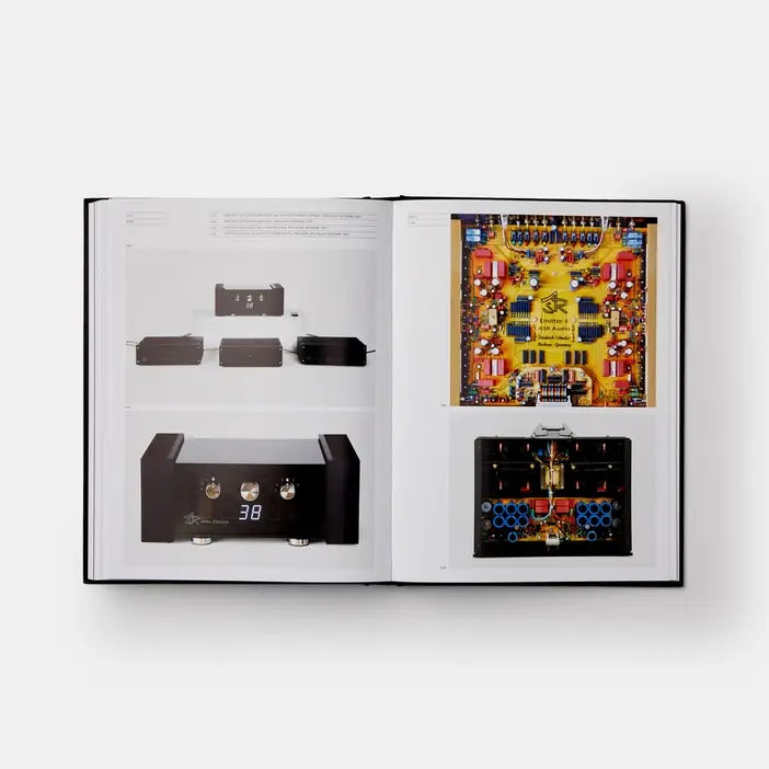 Open book displaying images of electronic components and circuit boards on a white background