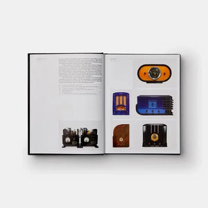 Open book showing images of vintage radios on a white background