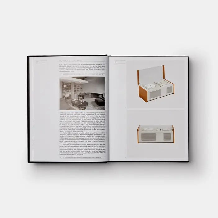 Open book showing images of a room and two wooden cabinets on a white background
