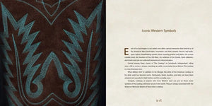 Textile with intricate patterns on the left and text on a beige background on the right.