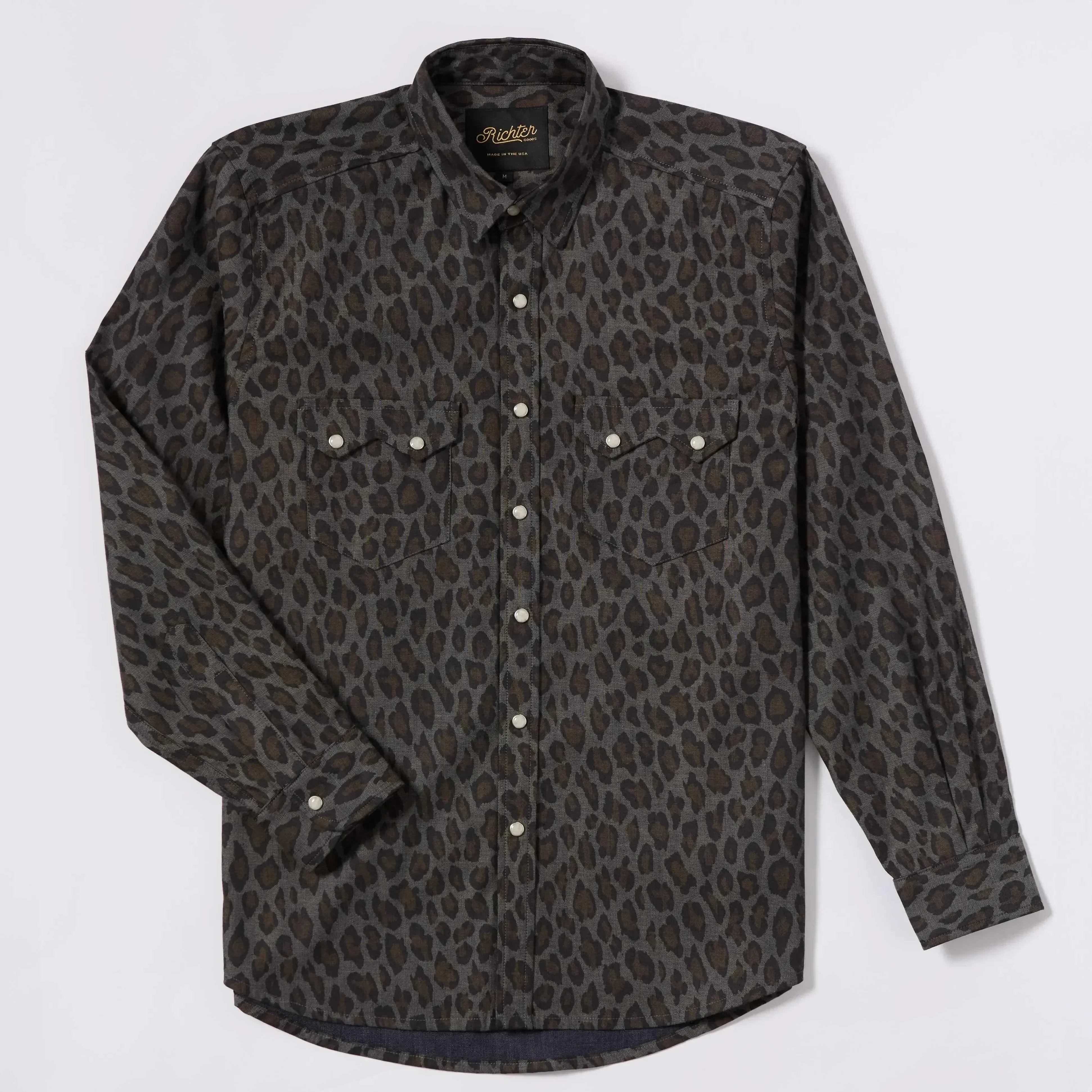 Japanese Denim in Printed Leopard front, long sleeve western shirt with leopard pattern