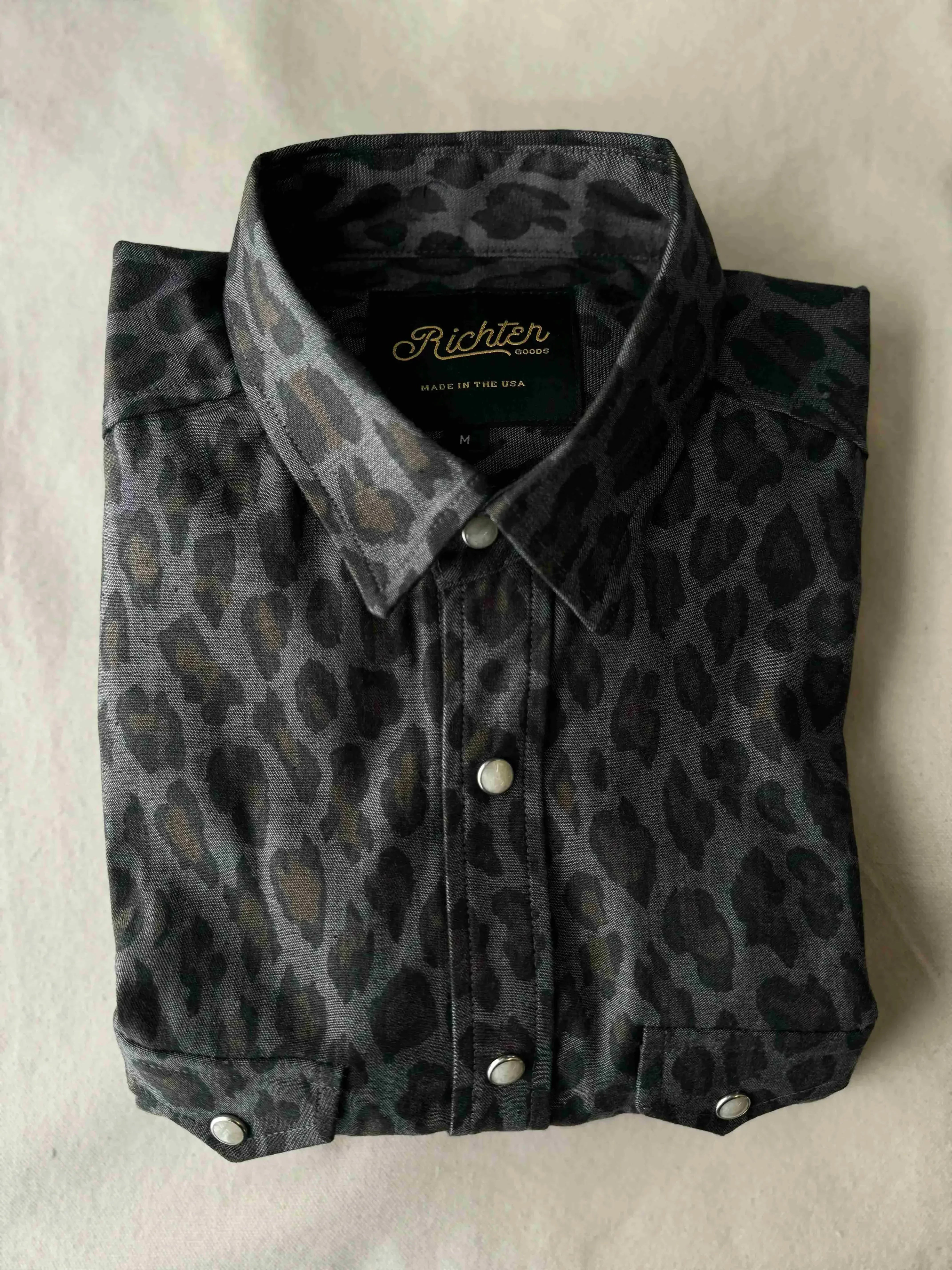 Japanese Denim in Printed Leopard folded front, pearl snap western shirt, animal print