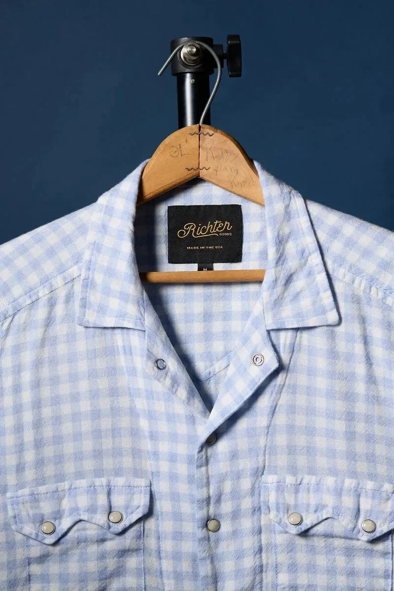 Merino Wool in Sky Blue & White Gingham Pearl Snap Shirt XXL