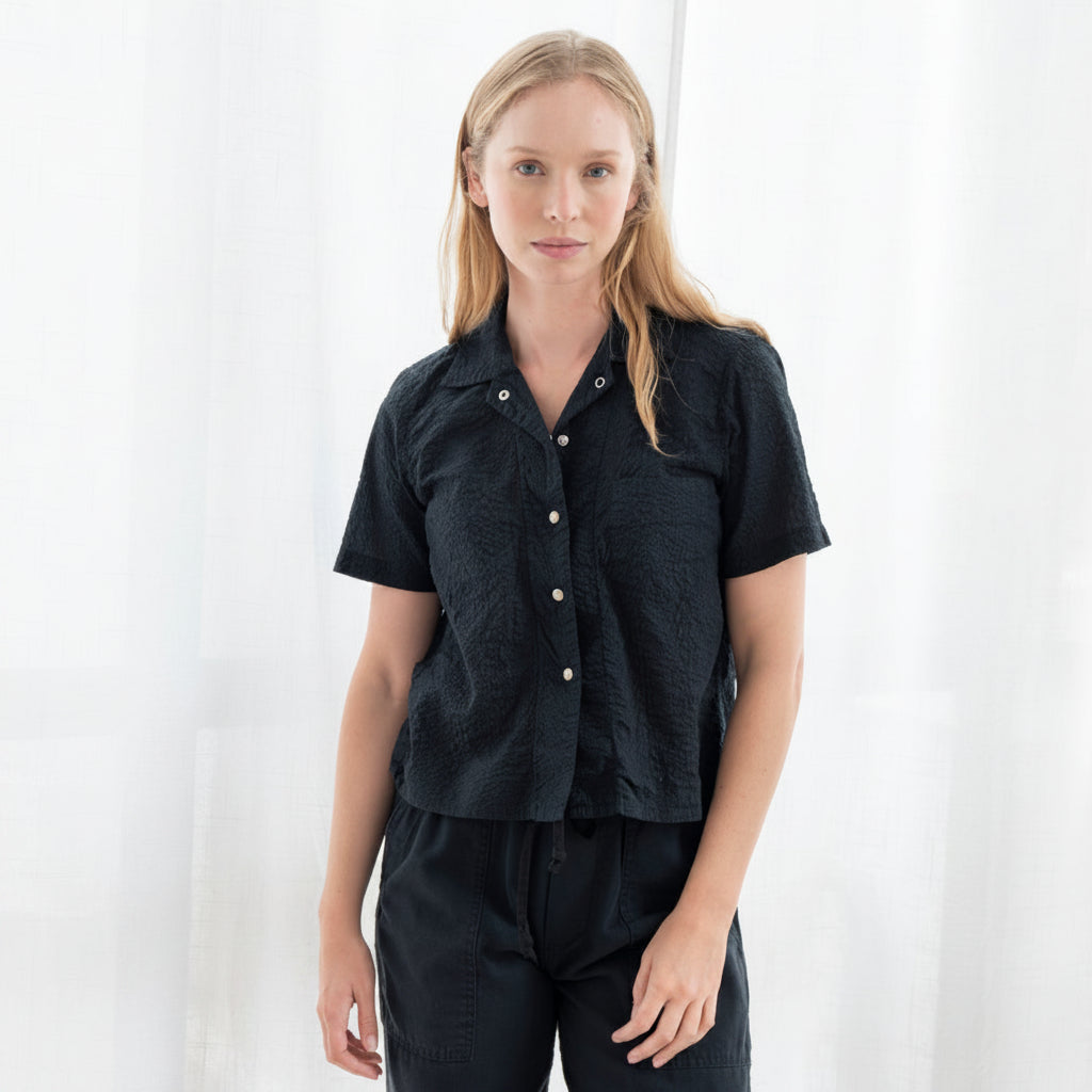 Model wearing Salado Seersucker in Midnight Black 
