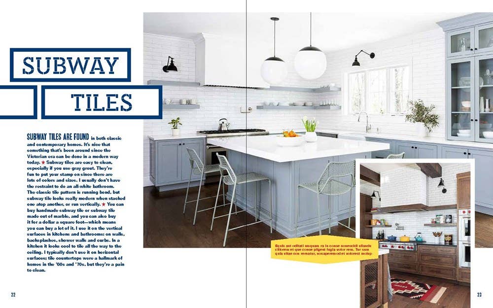 Modern kitchen with white cabinets and island, featuring text about 'Subway Tiles'.