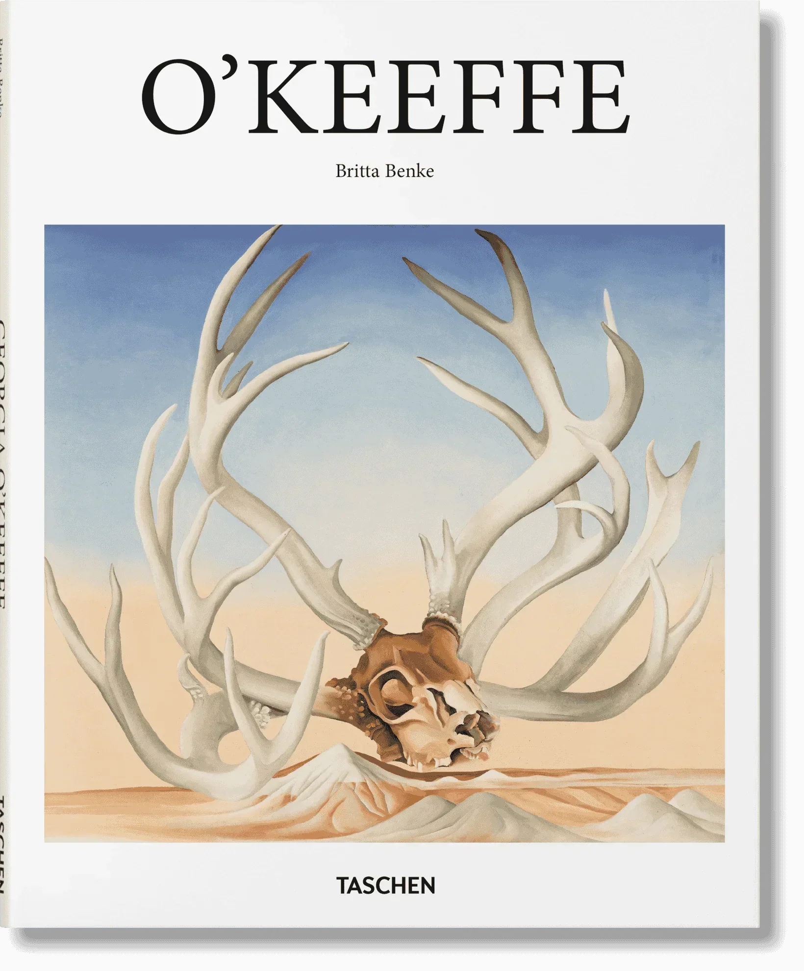 Book cover of 'O'Keeffe' by Britta Benke with a painting of antlers and a skull.