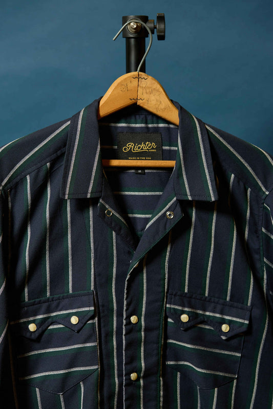 Pony in Navy Blue with Green and White Stripes