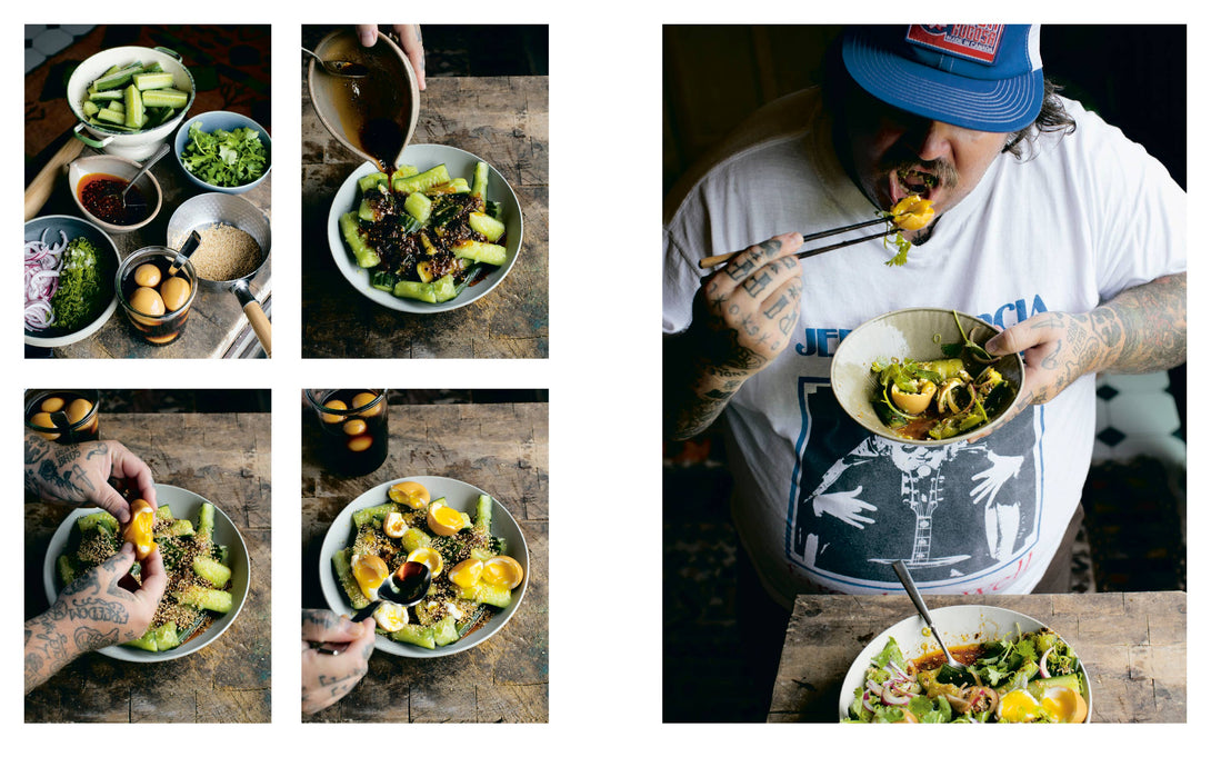 Collage of images showing a person preparing and eating a salad with various ingredients.