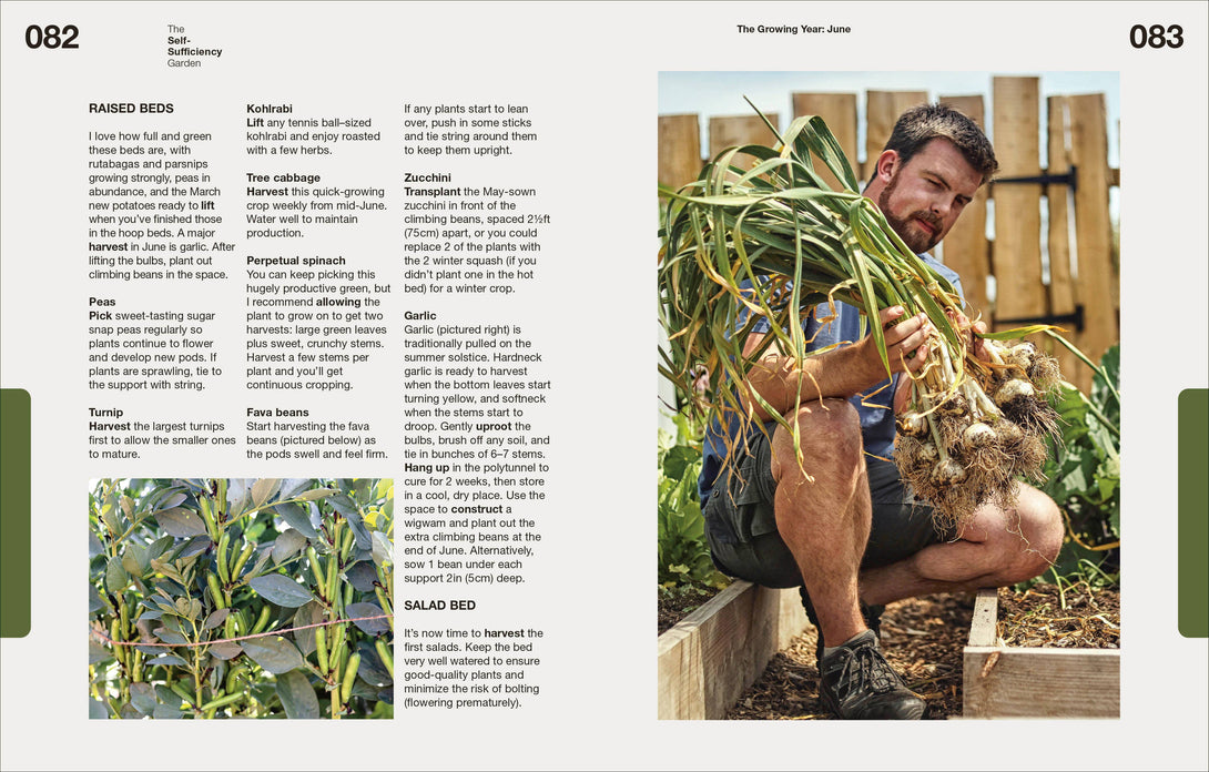 Page from a gardening book showing a person holding harvested onions with text on raised beds.