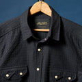 Richter178 front, black textured pearl snap western shirt for men on hanger