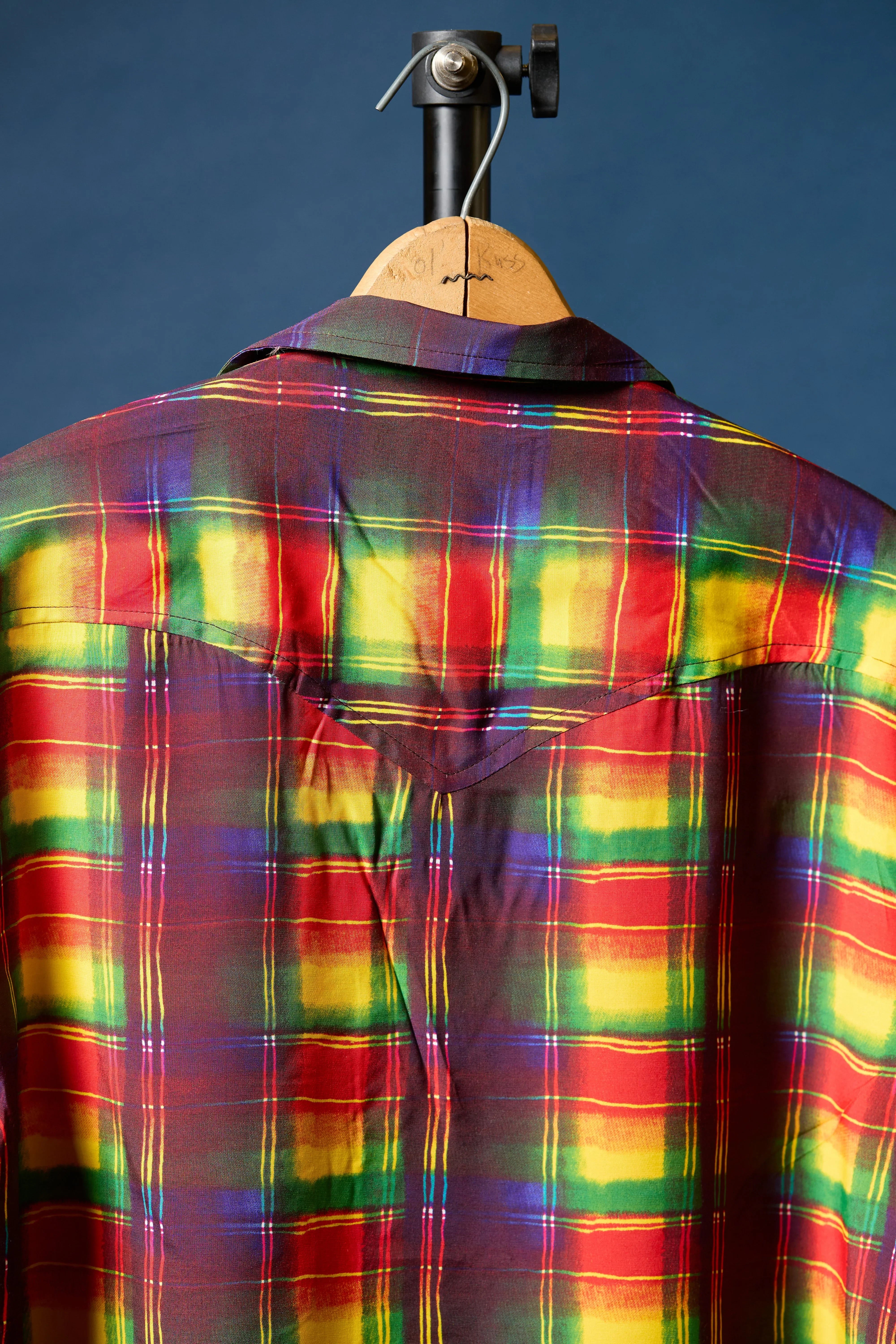 Richter193 back view, colorful plaid western shirt with yellow, red, and green pattern
