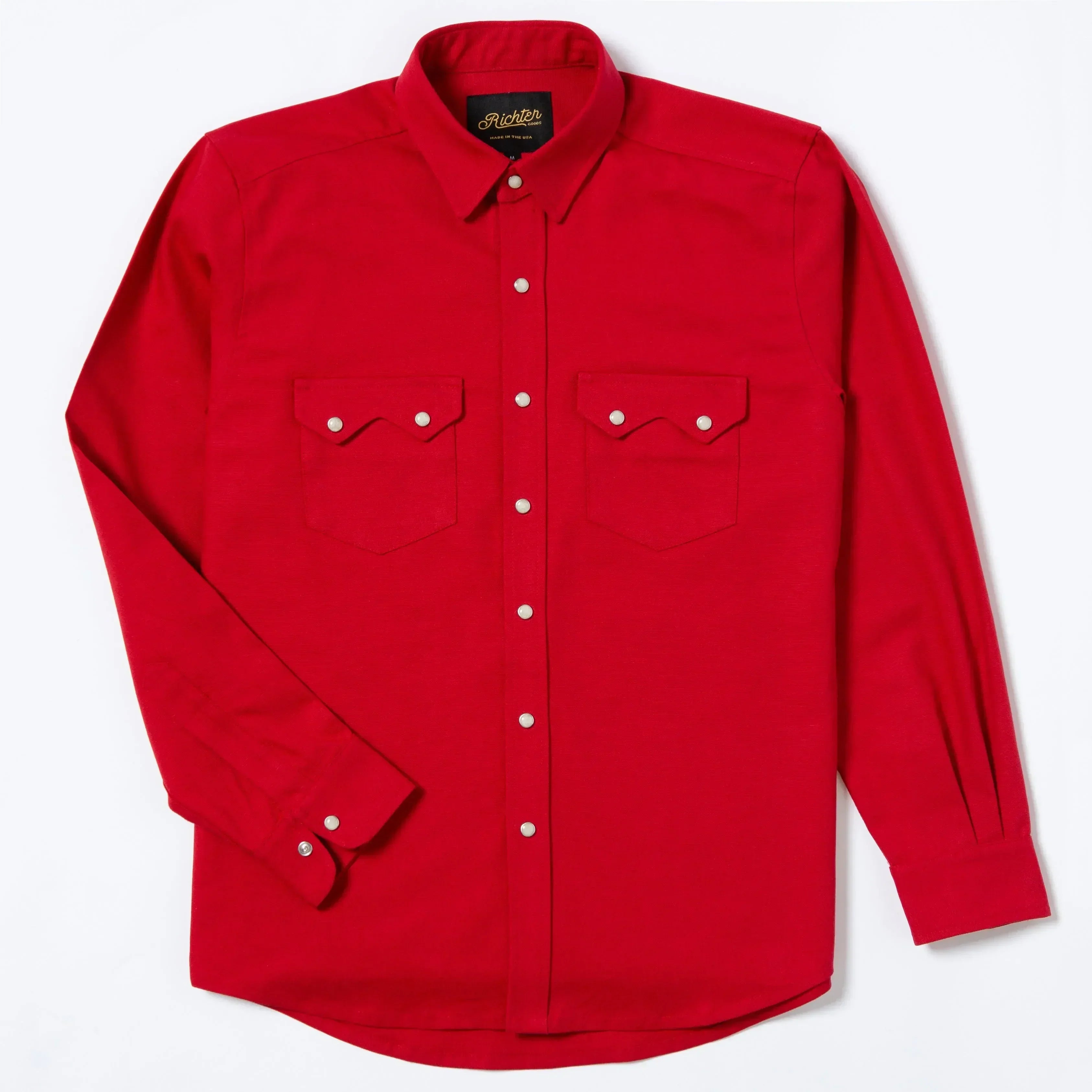 Richter35 front, red long sleeve western pearl snap shirt with two chest pockets