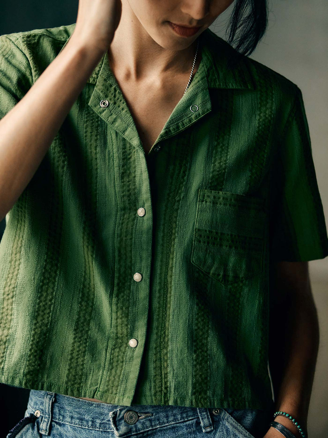 Richter Goods + Immogene Willie Green Jacquard Shirt for Women 08