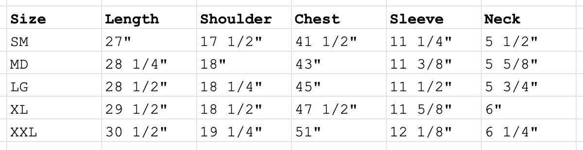 A size chart table showing measurements for sizes SM, MD, LG, XL, and XXL, with columns for Length, Shoulder, Chest, Sleeve, and Neck.