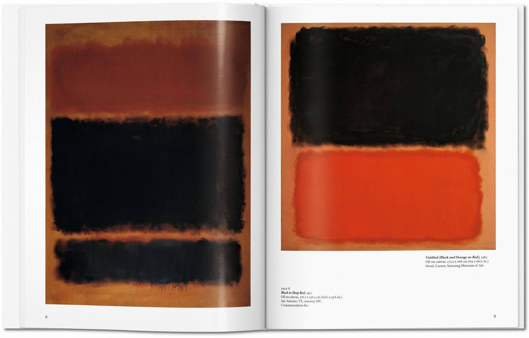 Open book showing abstract art with black, orange, and brown colors.