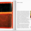 Open book with abstract art on a red background and text on a white page.
