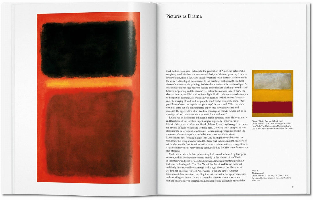 Open book with abstract art on a red background and text on a white page.