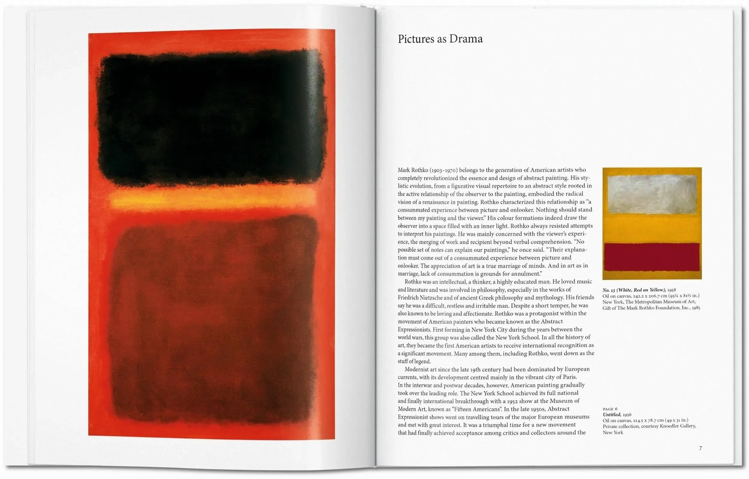 Open book with abstract art on a red background and text on a white page.