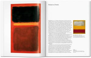 Open book with abstract art on a red background and text on a white page.