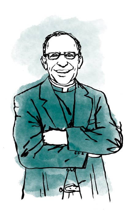 Illustration of a person wearing a priest's outfit with arms crossed on a light blue background