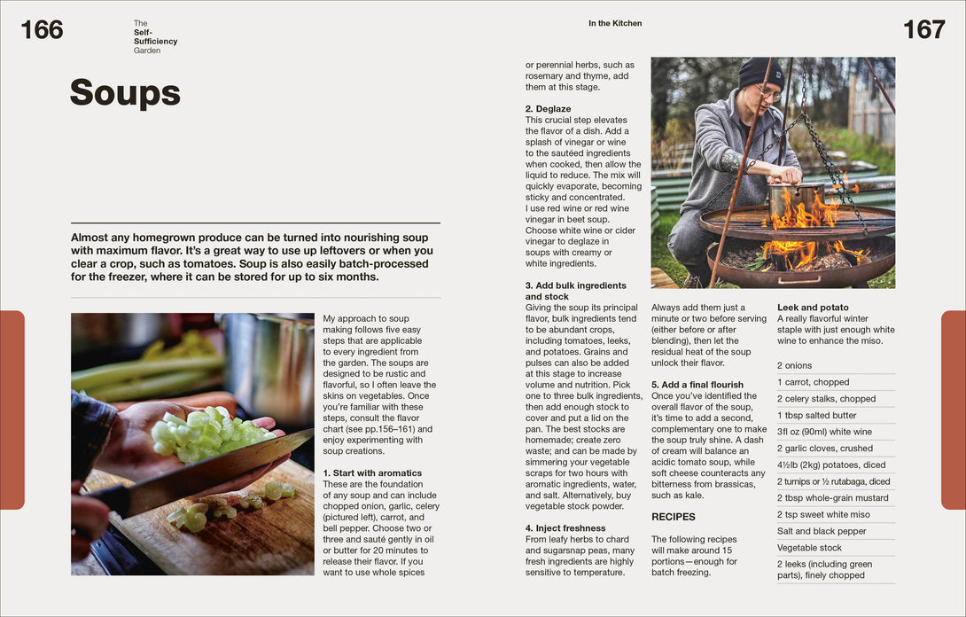 Page from a book or magazine featuring a recipe for soups with text and images of cooking.