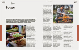 Page from a book or magazine featuring a recipe for soups with text and images of cooking.