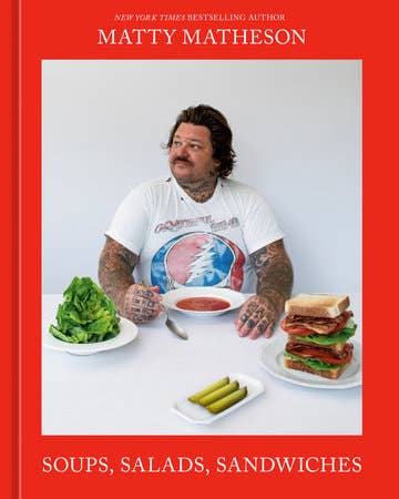 Book cover featuring a person with tattoos sitting at a table with food, on a red background with text about Matty Matheson and the book title.