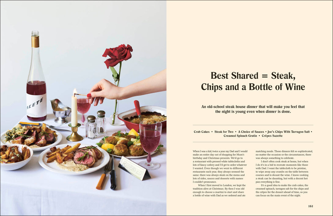 Table setting with steak, chips, and a bottle of wine, accompanied by text on a white background.