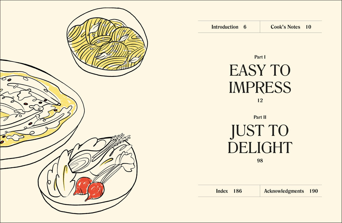 Book cover with illustrations of food and text on a beige background