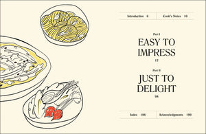 Book cover with illustrations of food and text on a beige background