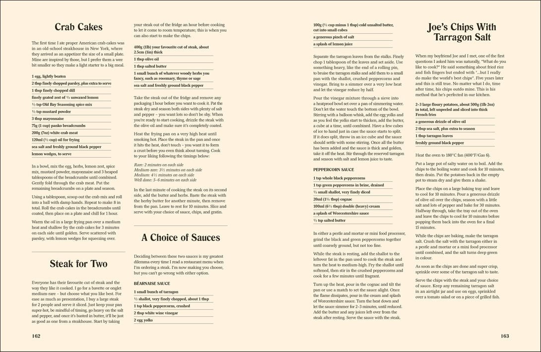 Menu with text for crab cakes, chips with tarragon salt, and steak for two with sauces.