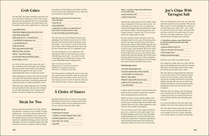 Menu with text for crab cakes, chips with tarragon salt, and steak for two with sauces.