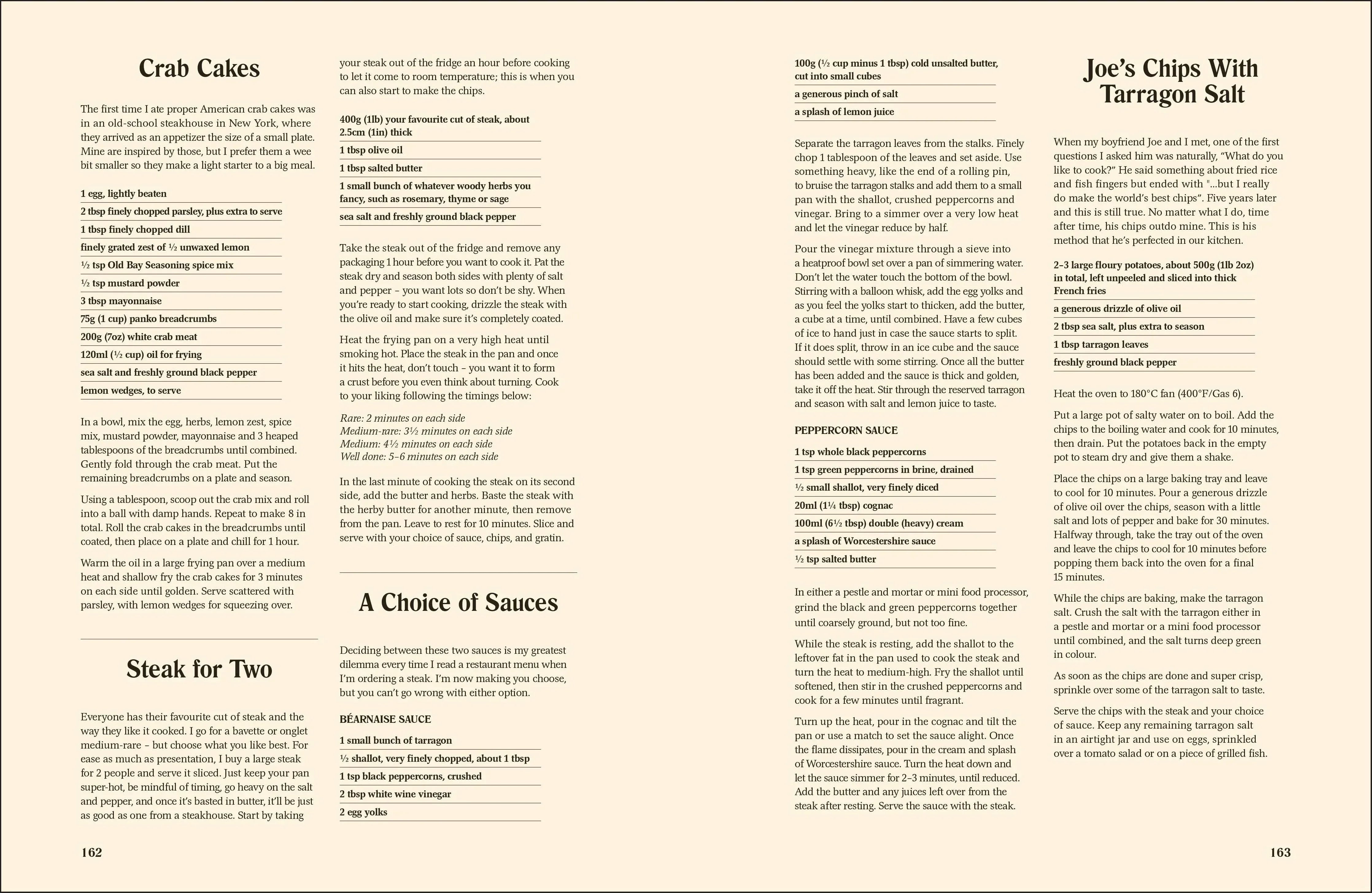 Menu with text for crab cakes, chips with tarragon salt, and steak for two with sauces.