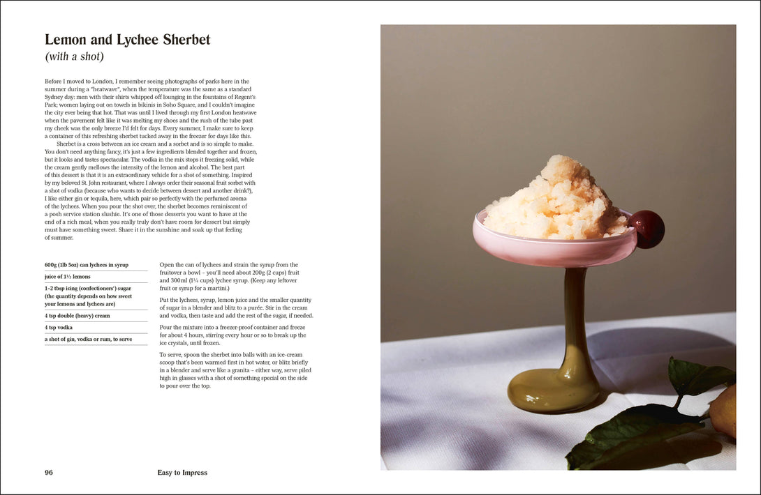 Lemon and Lychee Sherbet on a small stand with text on the left side.
