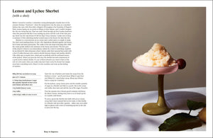 Lemon and Lychee Sherbet on a small stand with text on the left side.