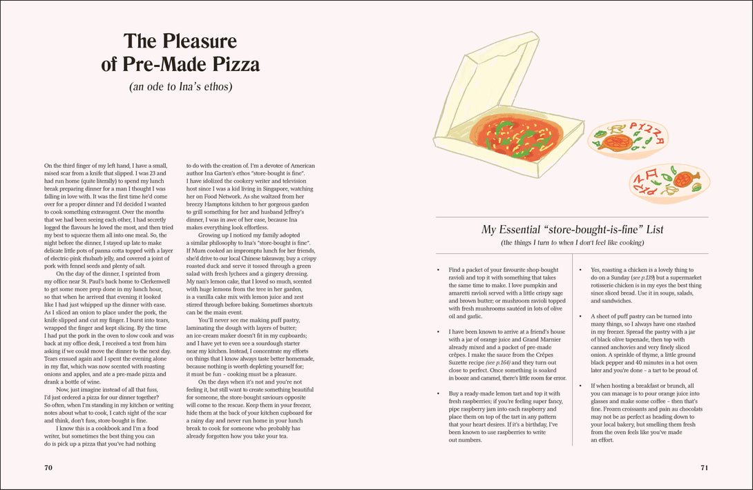 Page from Table of Two book about pre-made pizza with text and illustrations.
