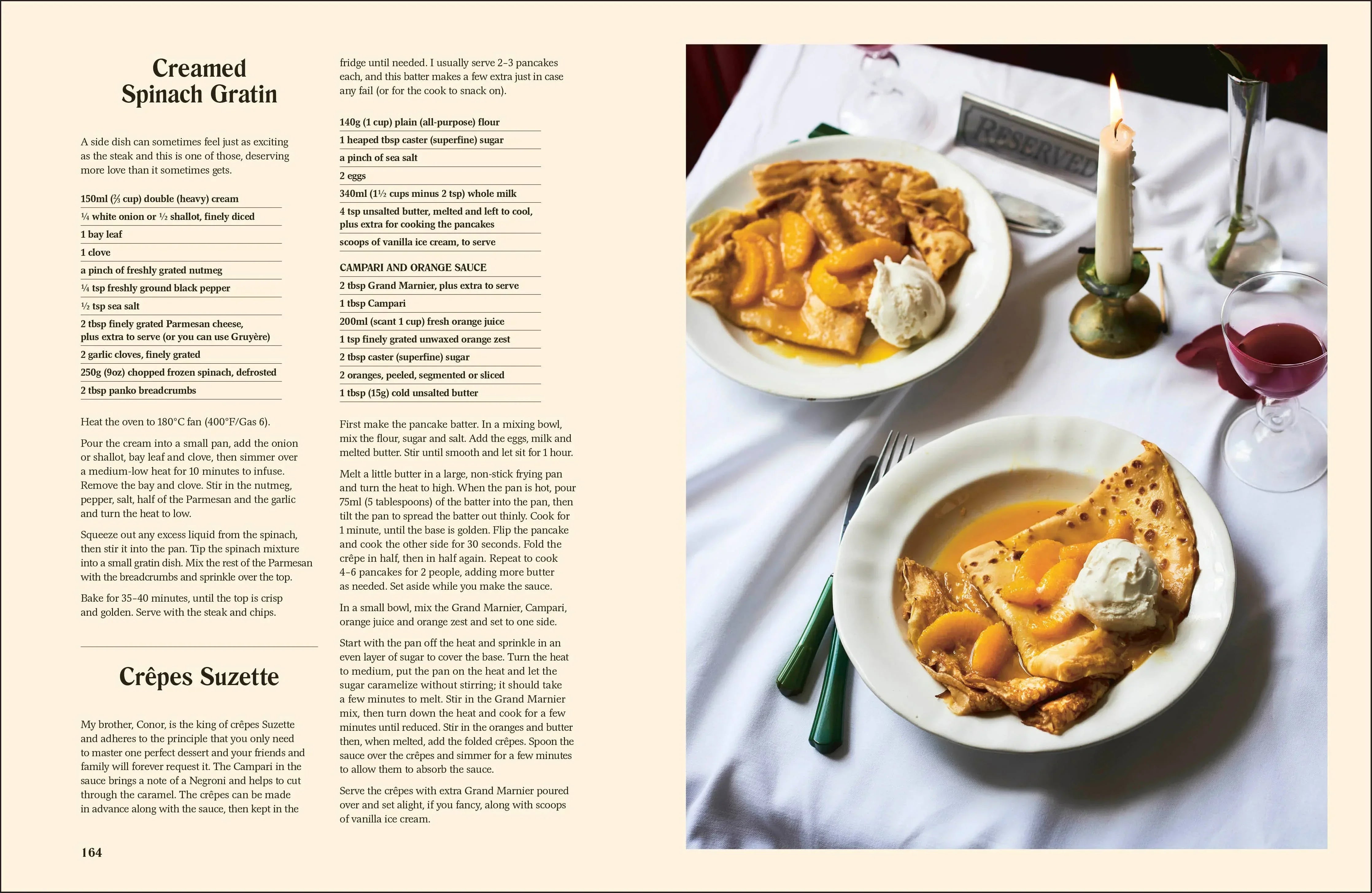 Recipe book page for Creamed Spinach Gratin and Crepes Suzette with a photograph of the dishes on a table.