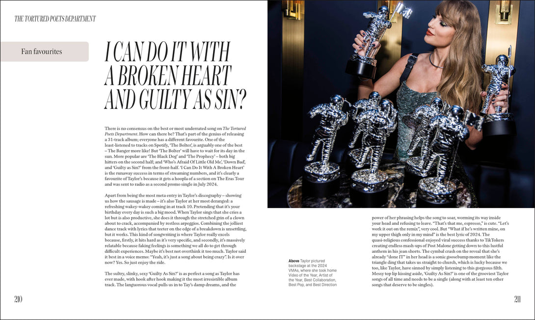 Taylor Swift holding multiple awards with text on a magazine layout