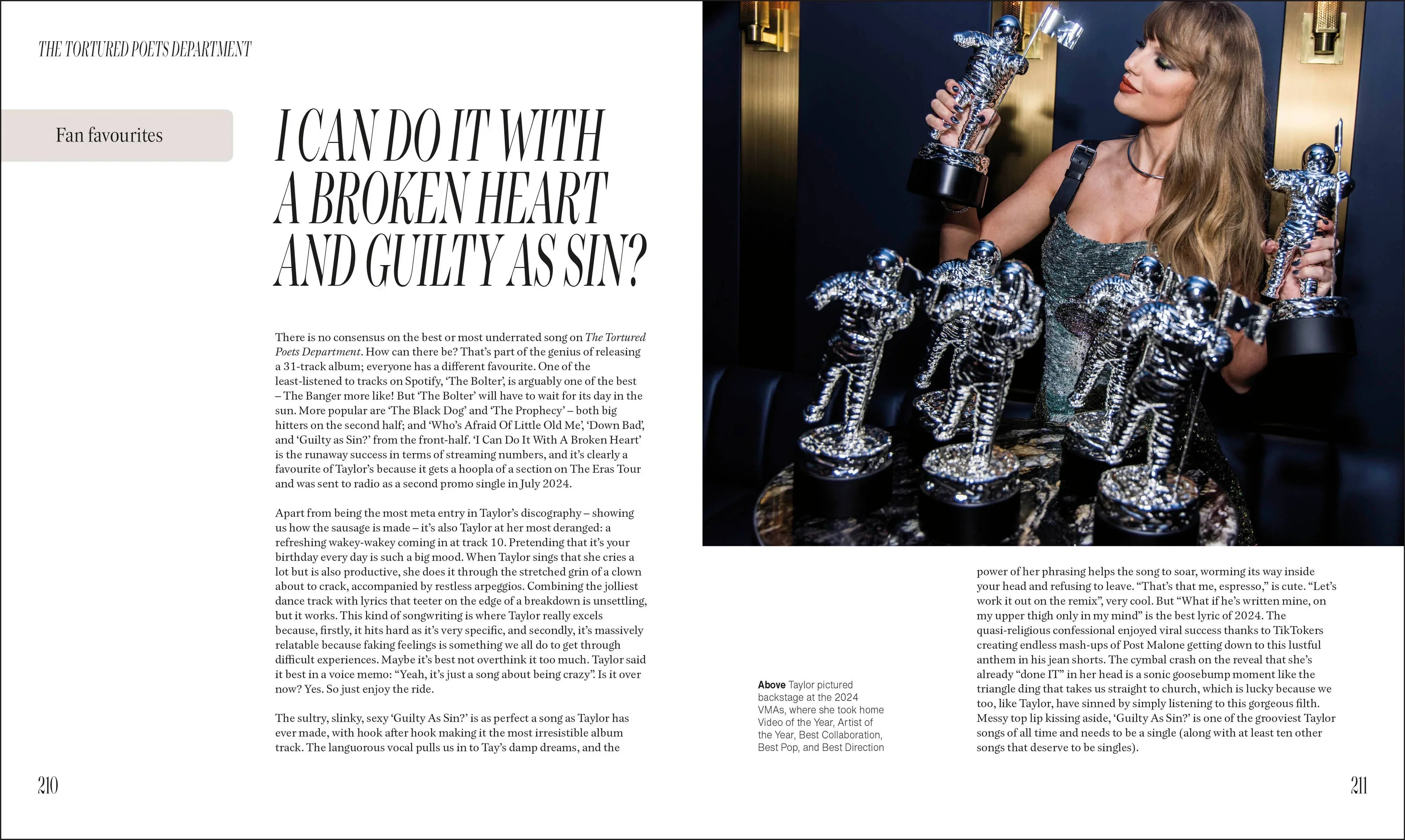 Taylor Swift holding multiple awards with text on a magazine layout