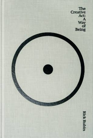 Book cover with a black circle on a textured gray background, featuring the title 'The Creative Act: A Way of Being' by Rick Rubin.
