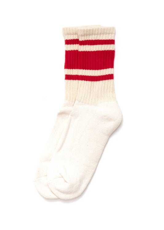 White crew socks with red stripes on a white background