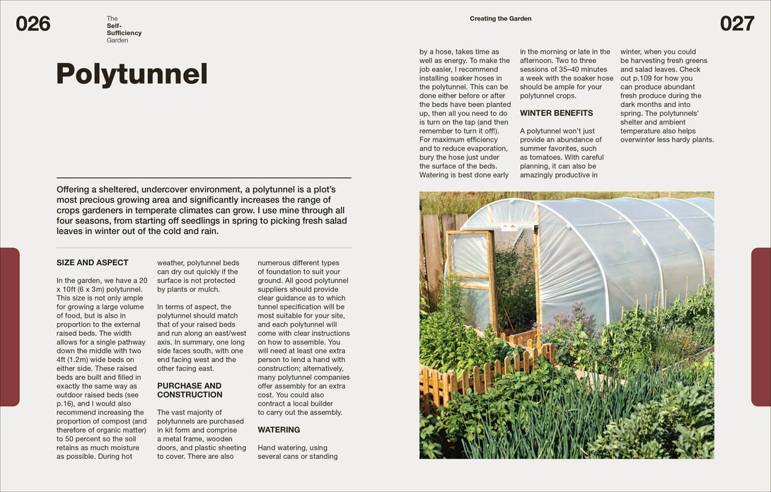 Garden magazine page with text about polytunnels and an image of a greenhouse.