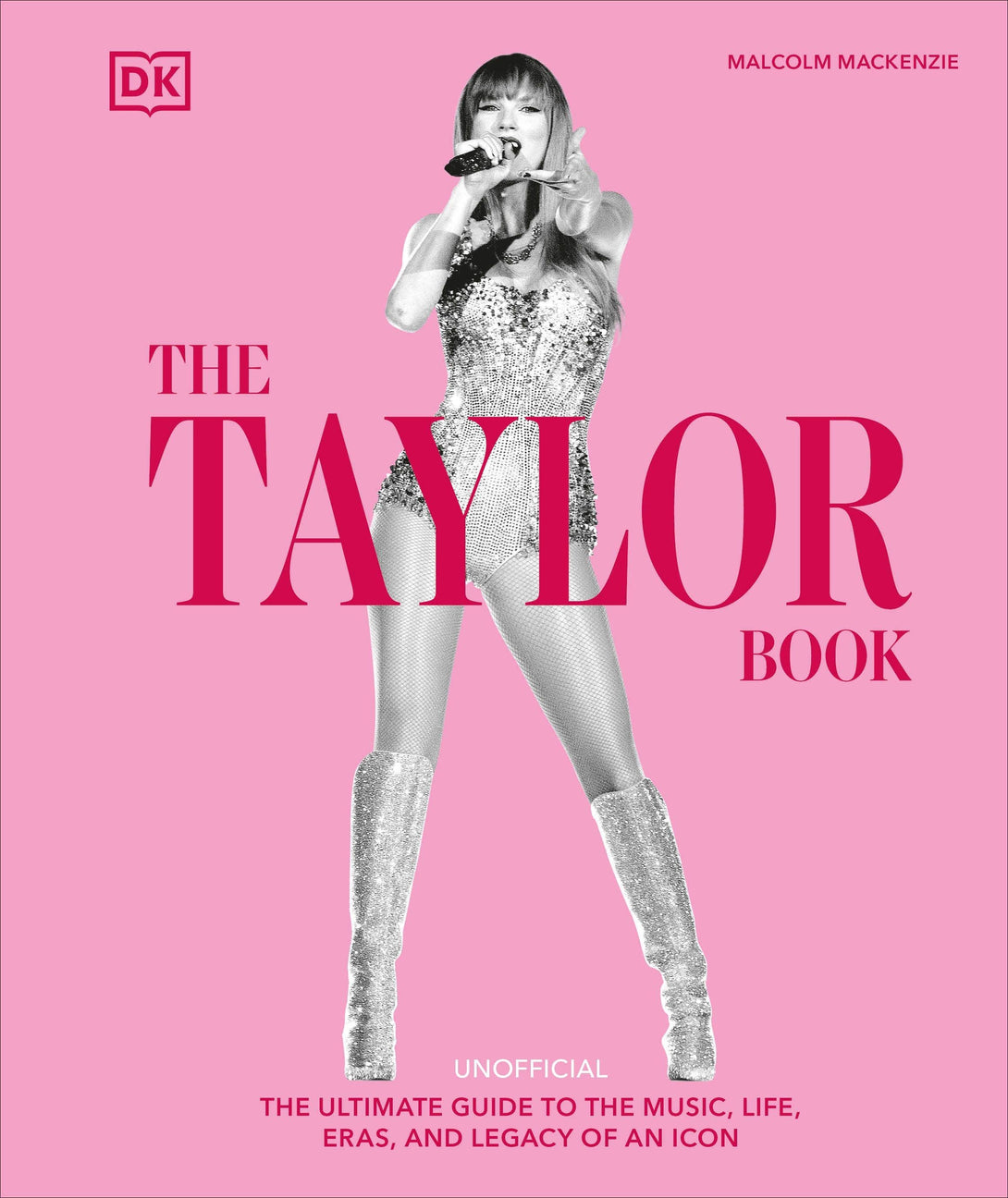 Book cover of 'The Taylor Book' featuring Taylor Swift in a sparkly outfit on a pink background.