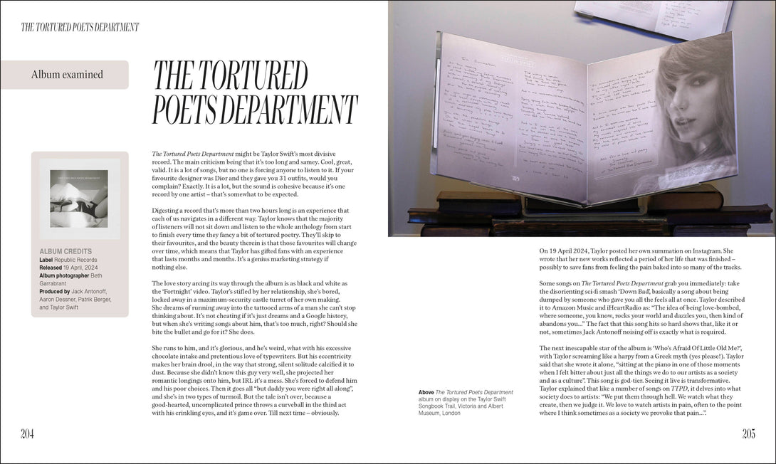 Book open to a page with text and an image of a woman's face, titled 'The Tortured Poets Department'.