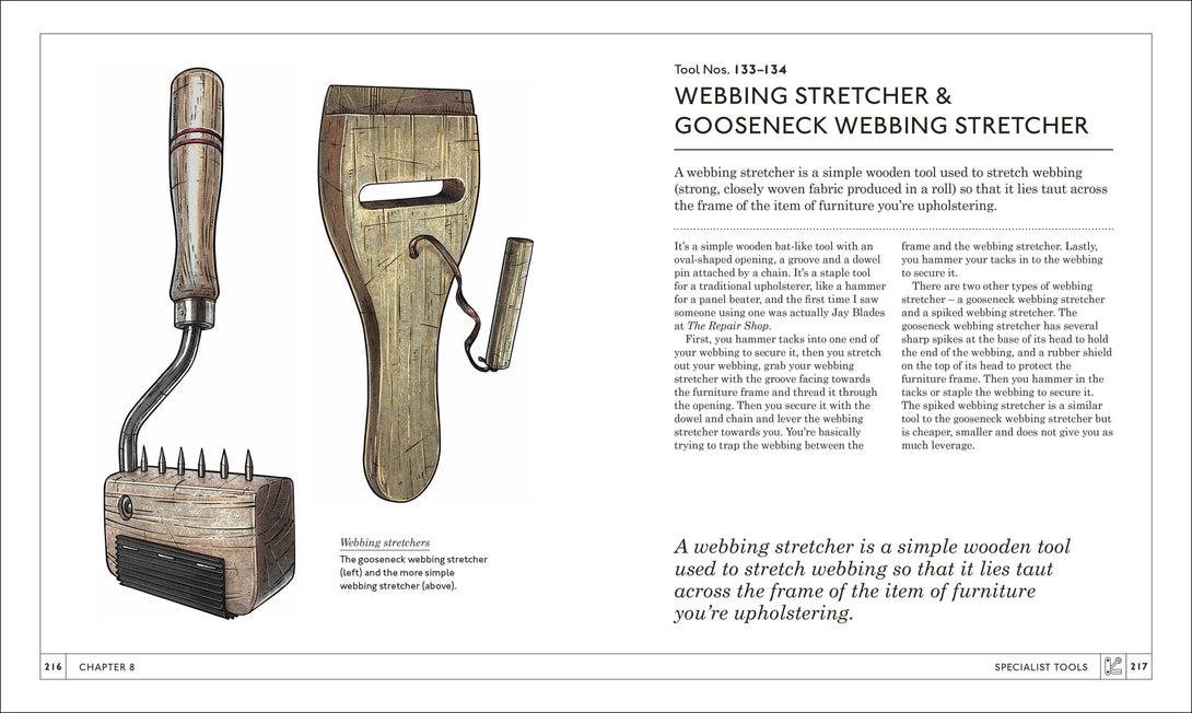Wooden webbing stretcher and Gooseneck webbing stretcher with text description on a white background