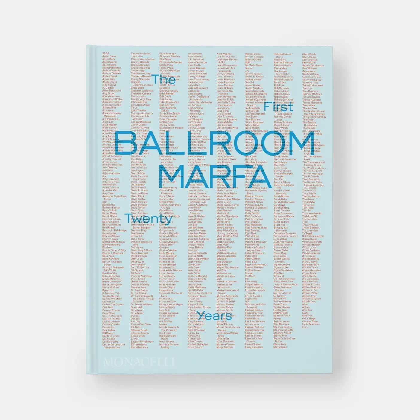 BALLROOM MARFA The First Twenty Years front cover, light blue book with artist names text